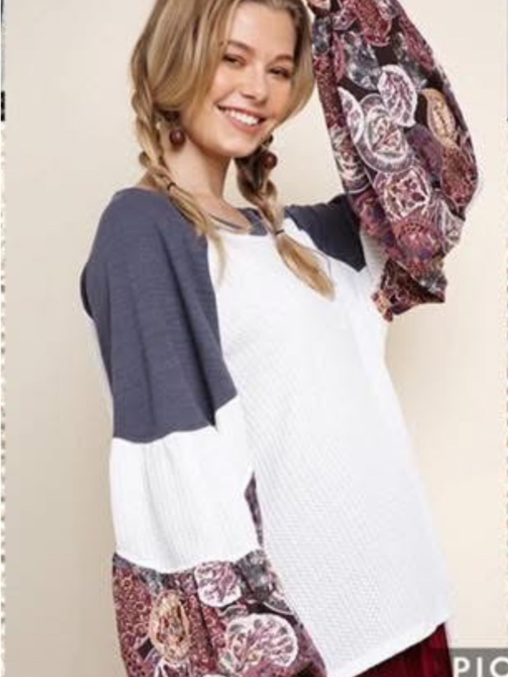 Umgee Colorblock Puff Sleeve Knit Top in White and Dusty Blue with Paisley Cuffs